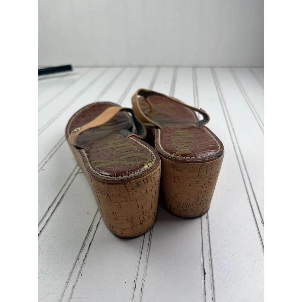Sam Edelman Tan Leather Cork Romy Wedge Thong Platform Sandals Women's Size 7.5